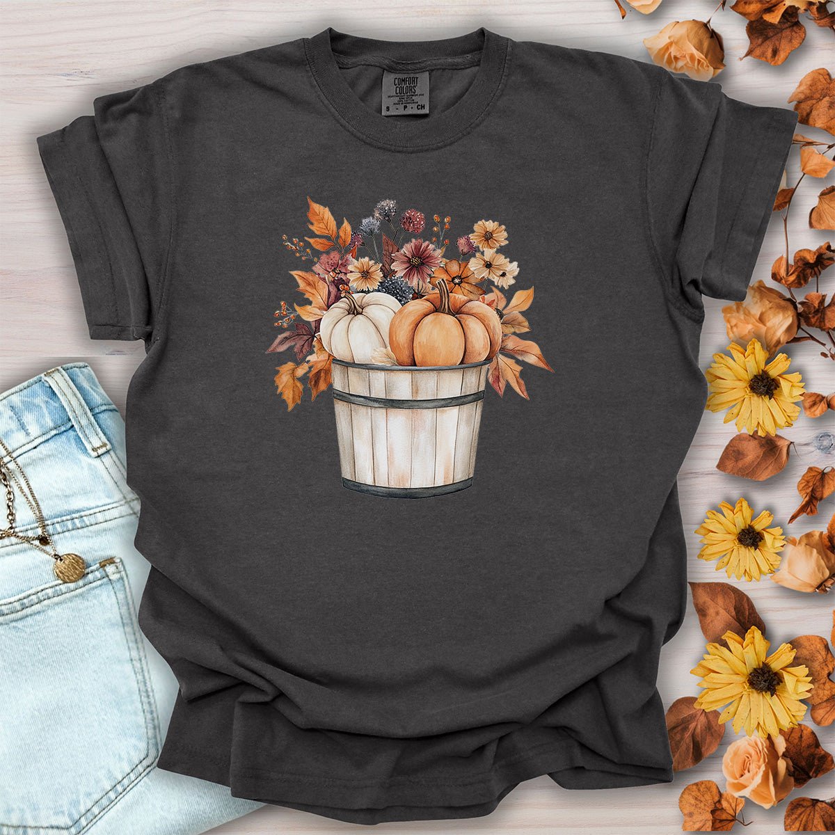 Autumn Basket with Pumpkins & Flowers T-Shirt