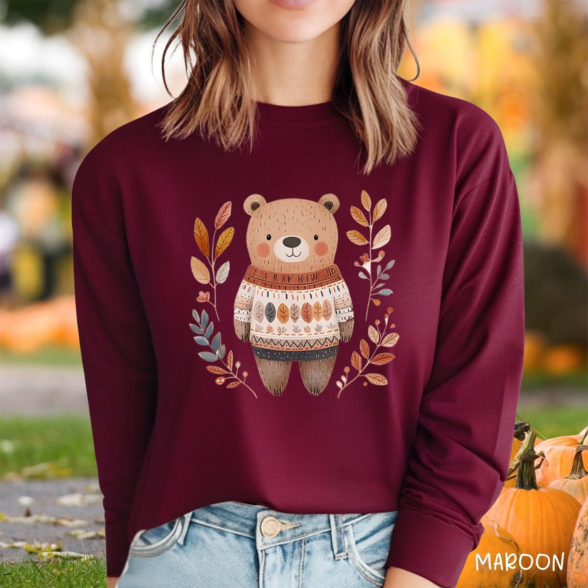 Autumn Bear in Sweater with Foliage Long Sleeve Tee