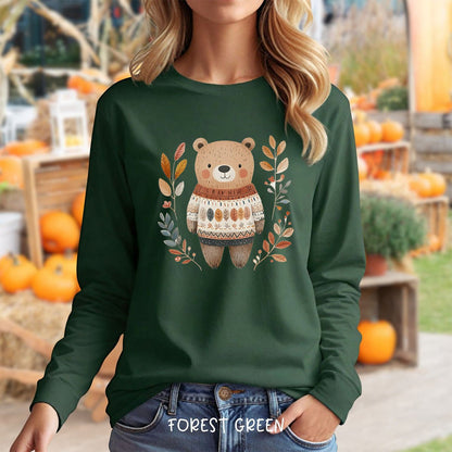 Autumn Bear in Sweater with Foliage Long Sleeve Tee