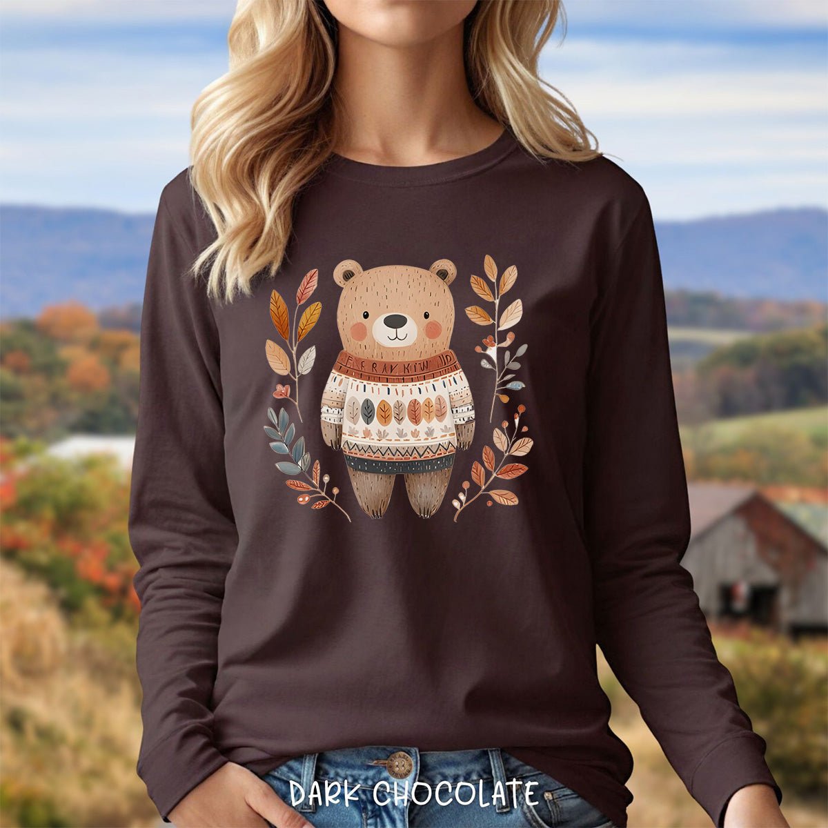 Autumn Bear in Sweater with Foliage Long Sleeve Tee
