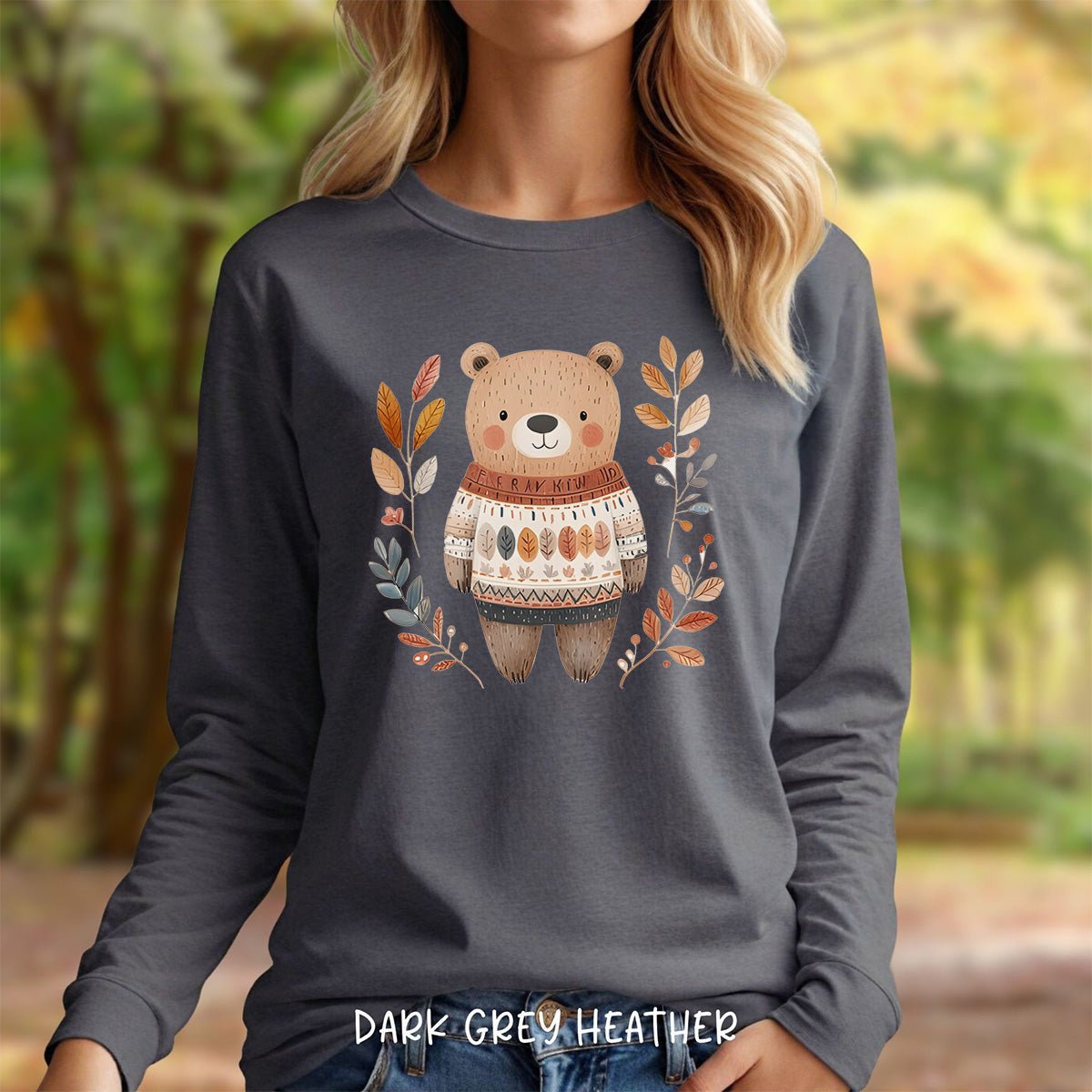Autumn Bear in Sweater with Foliage Long Sleeve Tee