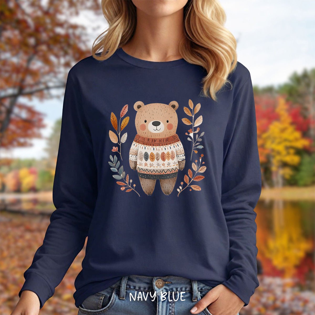 Autumn Bear in Sweater with Foliage Long Sleeve Tee