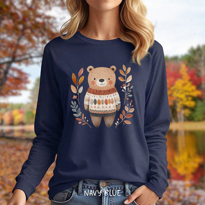 Autumn Bear in Sweater with Foliage Long Sleeve Tee