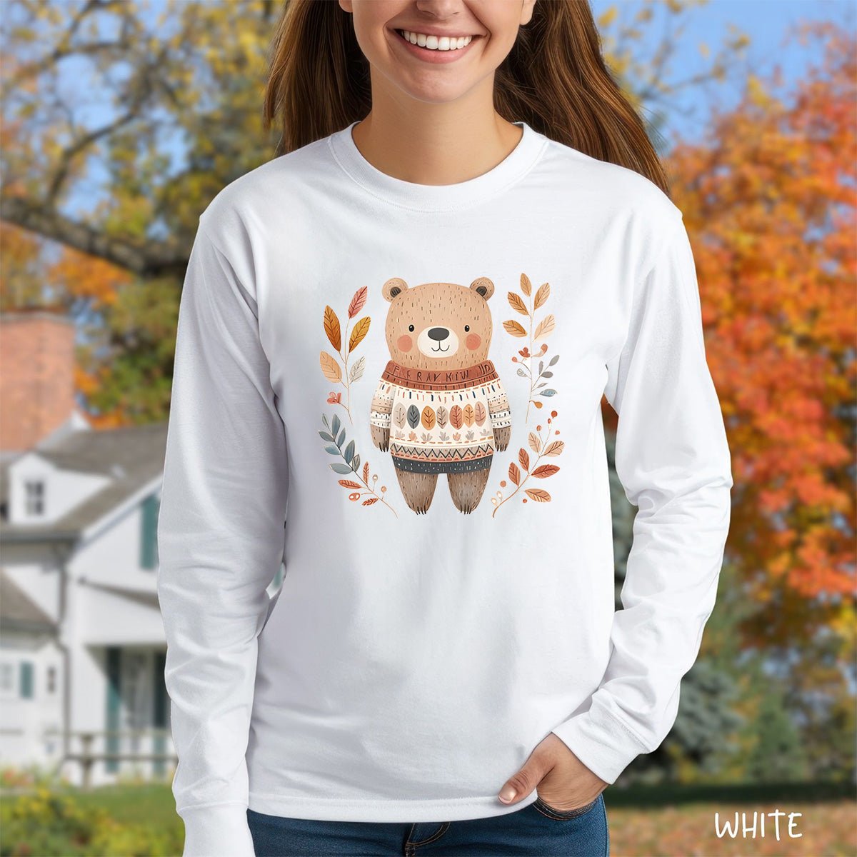 Autumn Bear in Sweater with Foliage Long Sleeve Tee