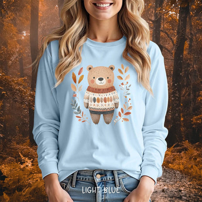 Autumn Bear in Sweater with Foliage Long Sleeve Tee