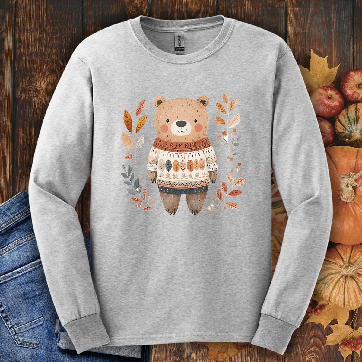 Autumn Bear in Sweater with Foliage Long Sleeve Tee