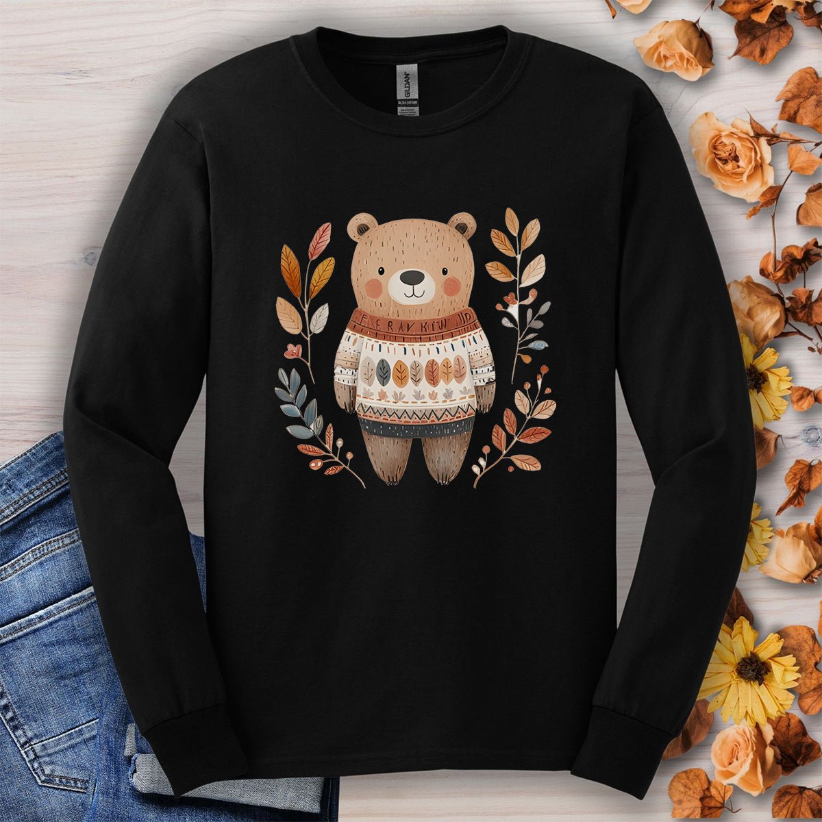 Autumn Bear in Sweater with Foliage Long Sleeve Tee