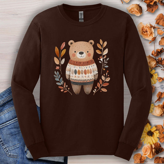 Autumn Bear in Sweater with Foliage Long Sleeve Tee