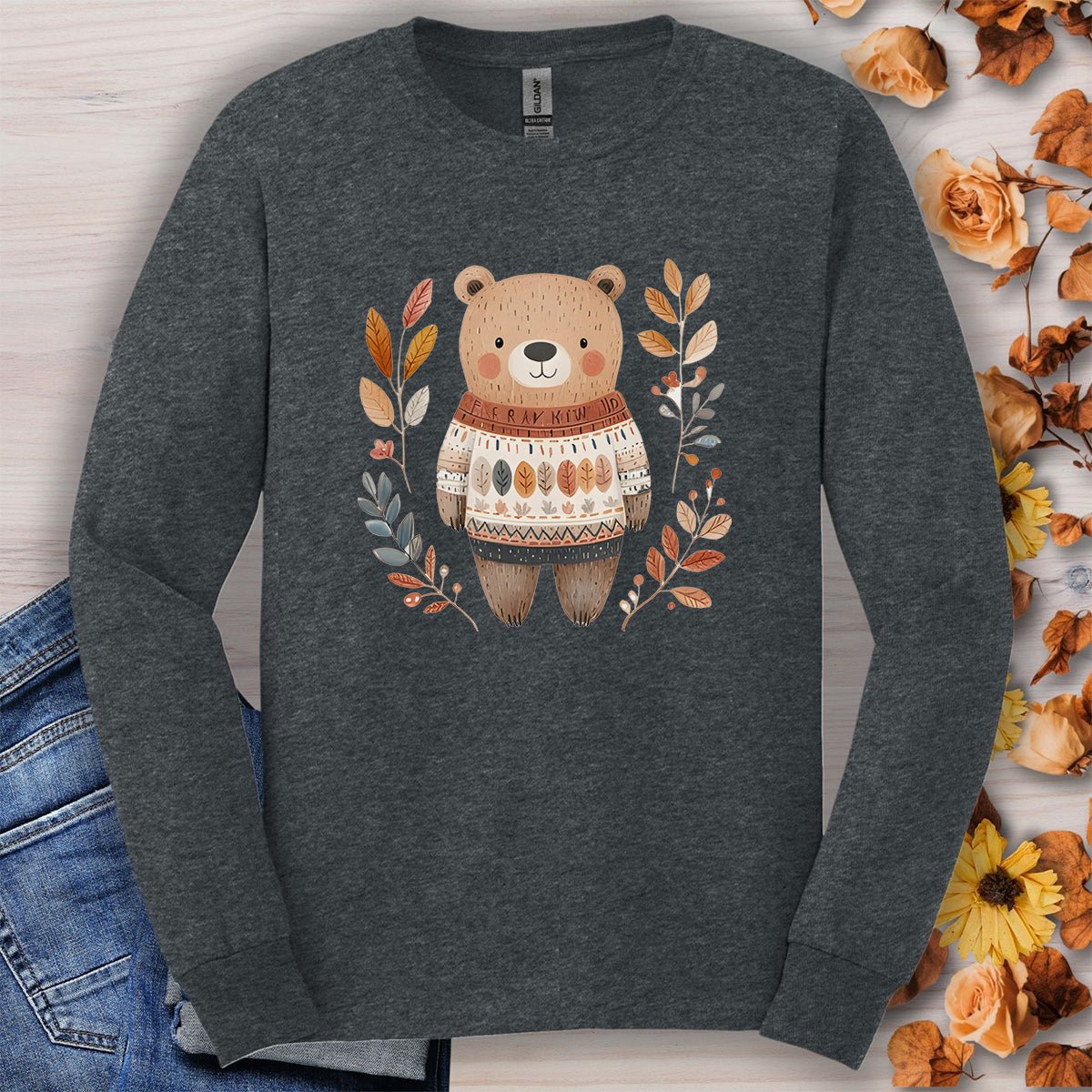 Autumn Bear in Sweater with Foliage Long Sleeve Tee
