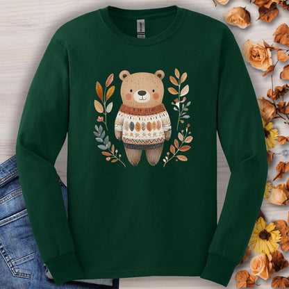 Autumn Bear in Sweater with Foliage Long Sleeve Tee