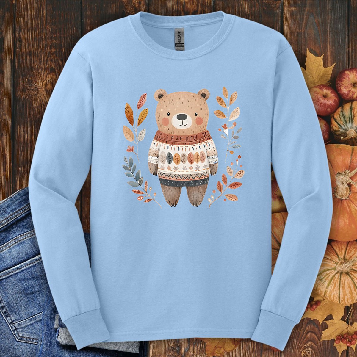 Autumn Bear in Sweater with Foliage Long Sleeve Tee