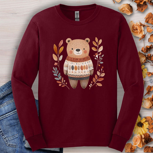 Autumn Bear in Sweater with Foliage Long Sleeve Tee