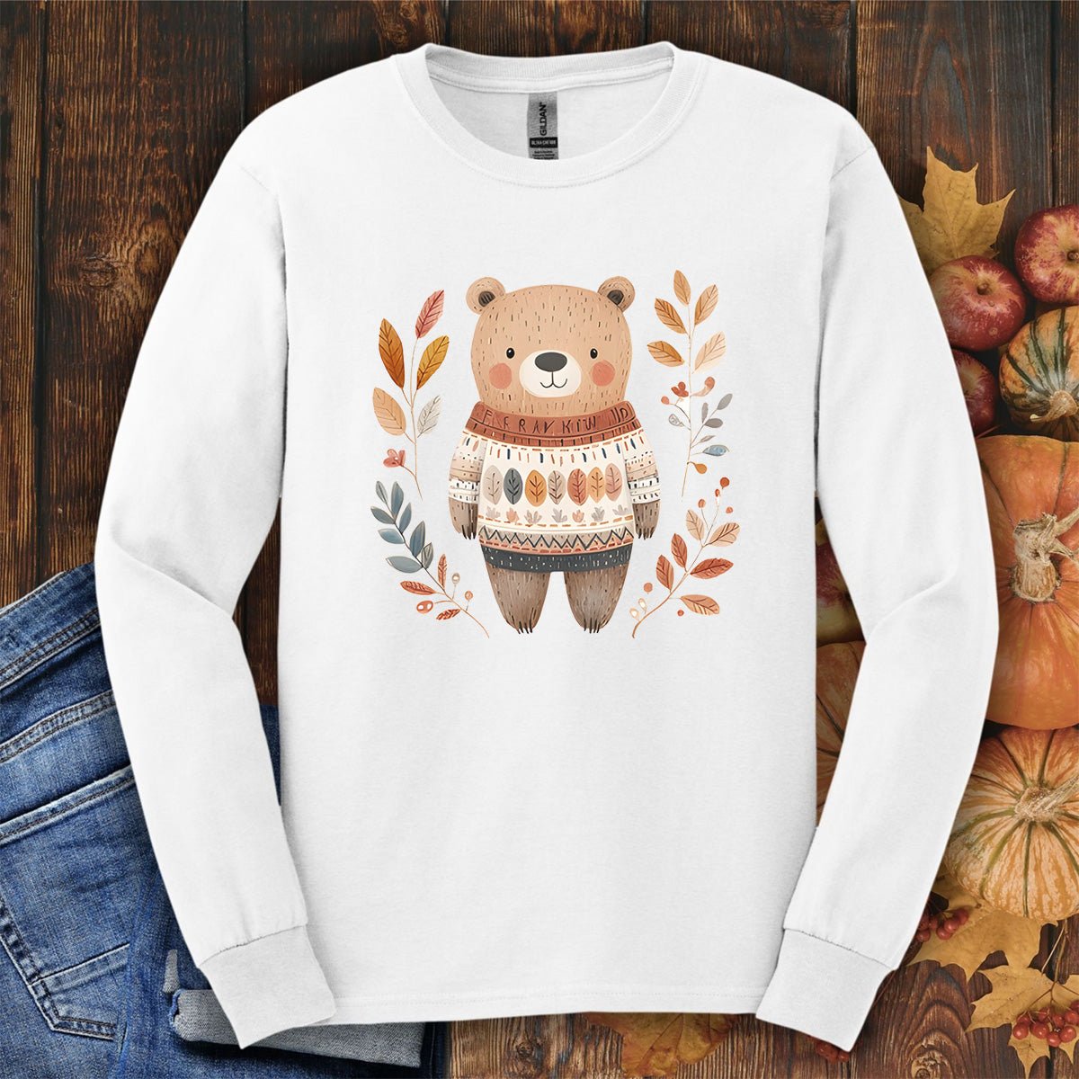 Autumn Bear in Sweater with Foliage Long Sleeve Tee