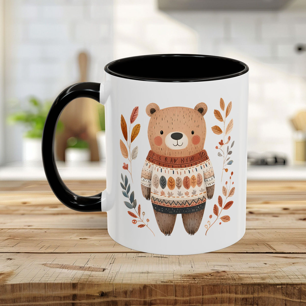 Autumn Bear in Sweater with Foliage Mug (11/15oz)