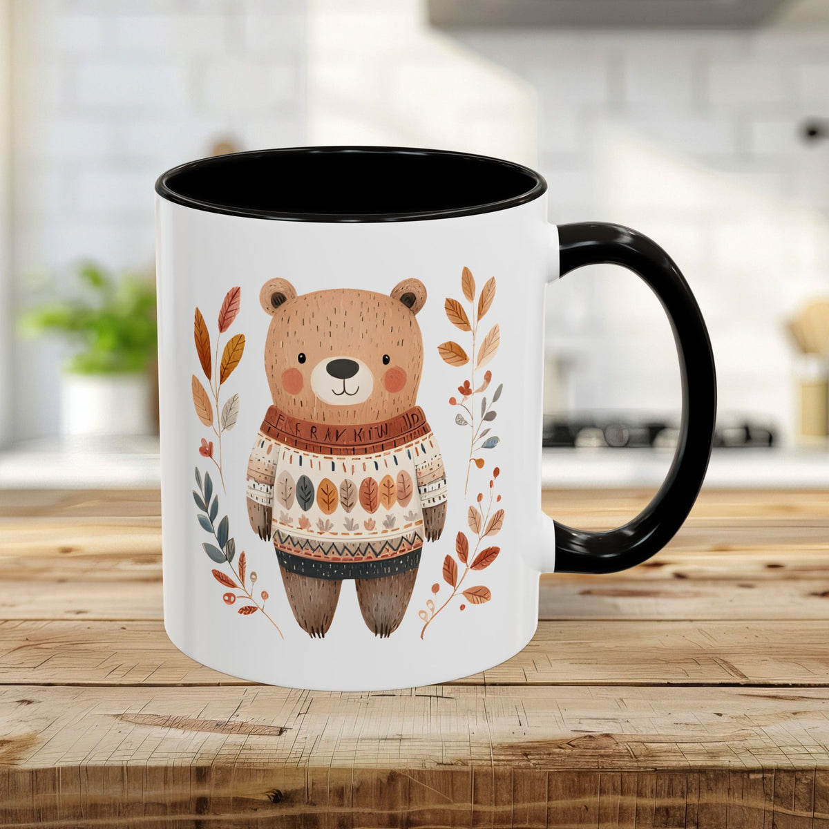 Autumn Bear in Sweater with Foliage Mug (11/15oz)
