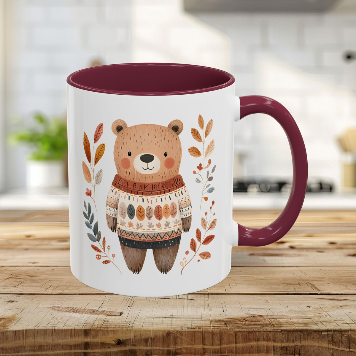 Autumn Bear in Sweater with Foliage Mug (11/15oz)