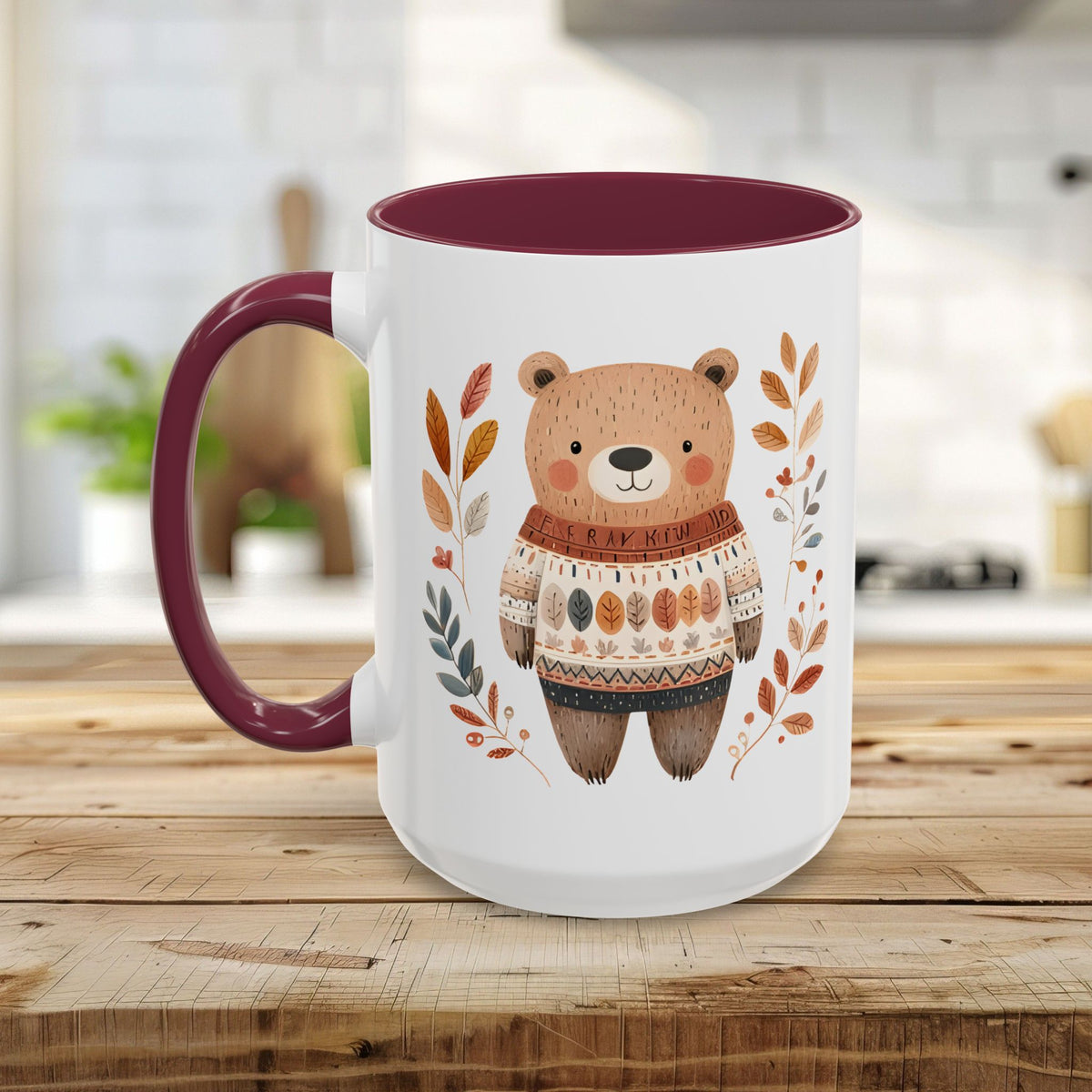 Autumn Bear in Sweater with Foliage Mug (11/15oz)