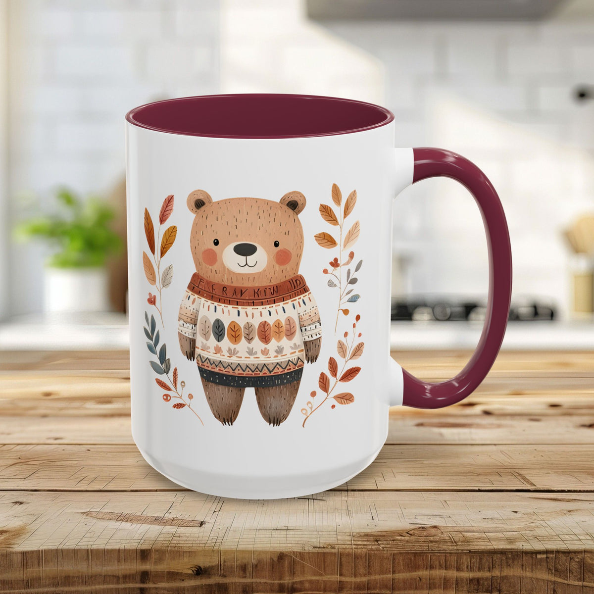 Autumn Bear in Sweater with Foliage Mug (11/15oz)