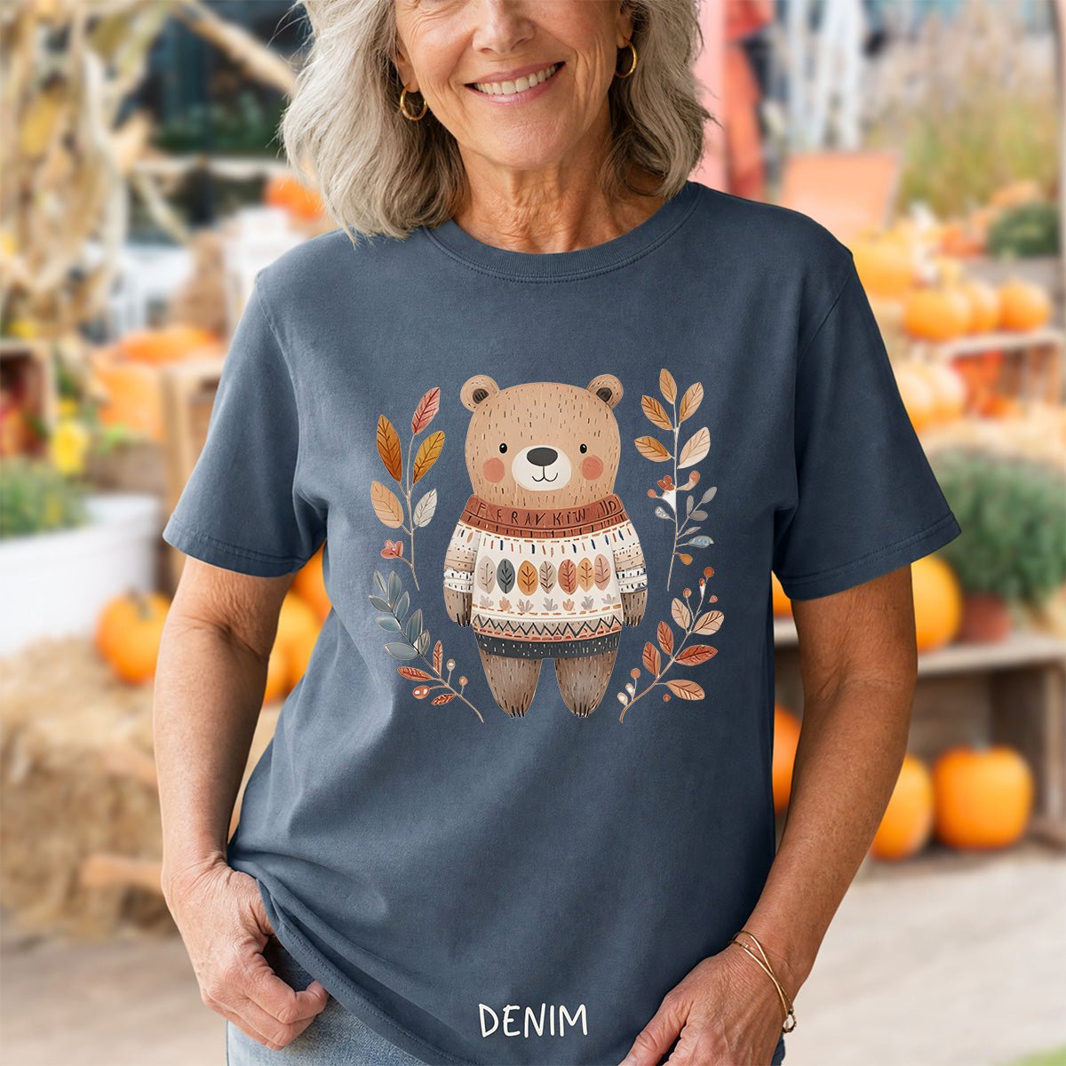 Autumn Bear in Sweater with Foliage T-Shirt