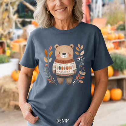 Autumn Bear in Sweater with Foliage T-Shirt