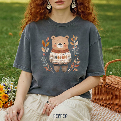 Autumn Bear in Sweater with Foliage T-Shirt