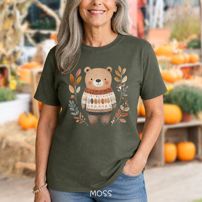 Autumn Bear in Sweater with Foliage T-Shirt