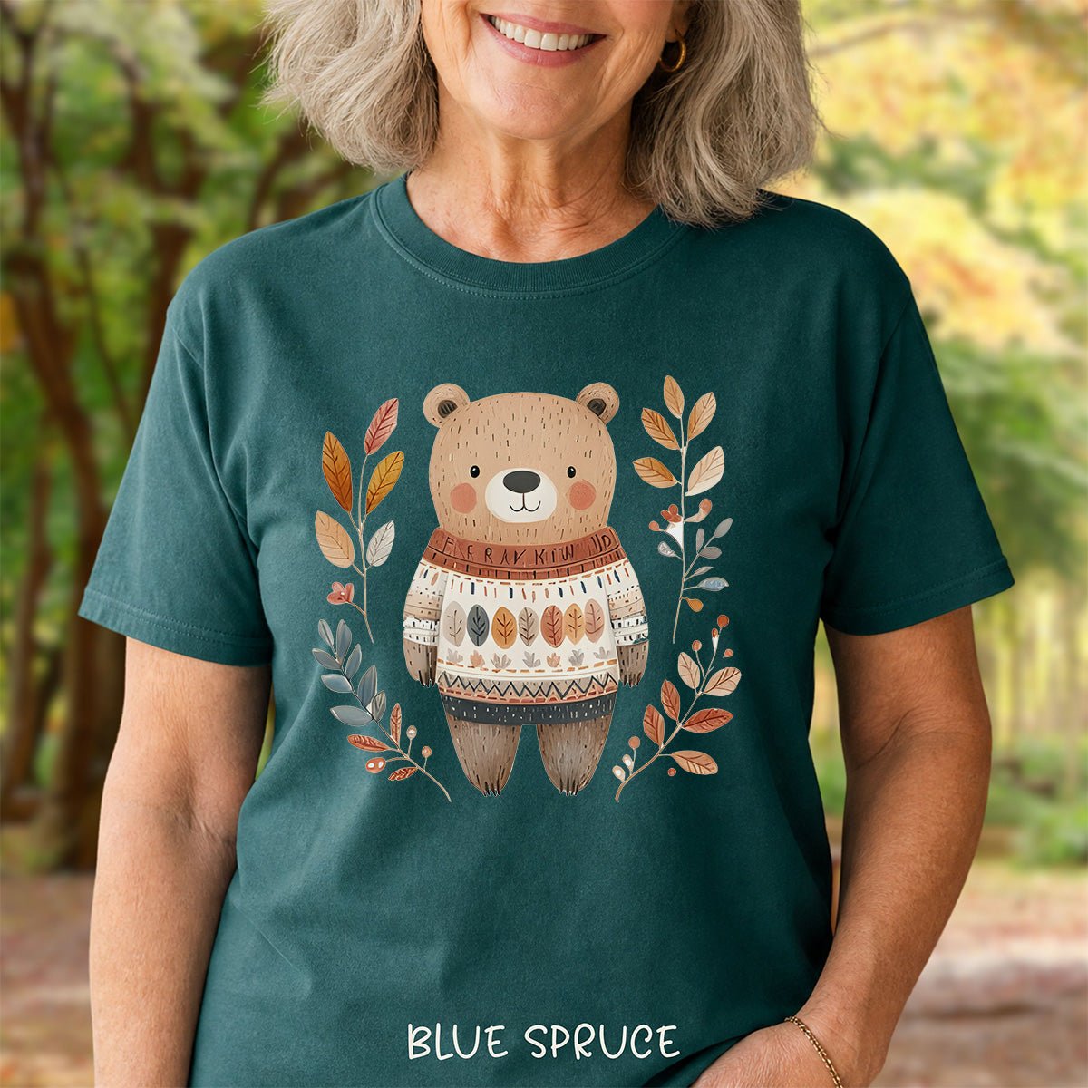 Autumn Bear in Sweater with Foliage T-Shirt