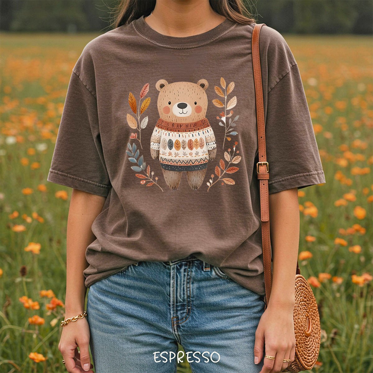 Autumn Bear in Sweater with Foliage T-Shirt