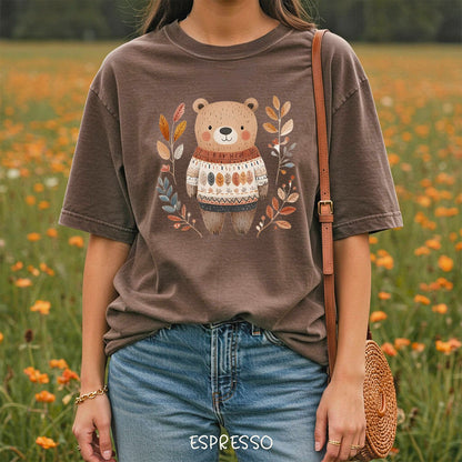 Autumn Bear in Sweater with Foliage T-Shirt