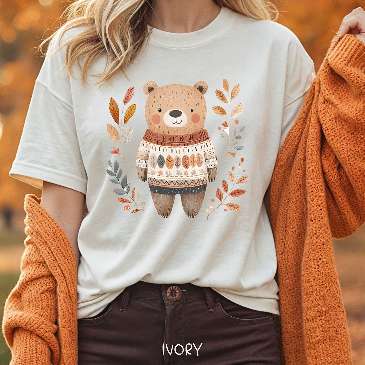 Autumn Bear in Sweater with Foliage T-Shirt