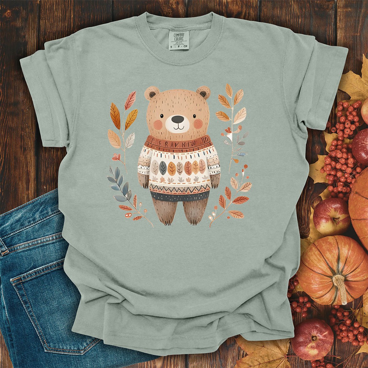 Autumn Bear in Sweater with Foliage T-Shirt