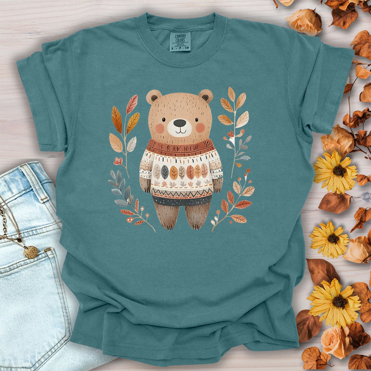 Autumn Bear in Sweater with Foliage T-Shirt