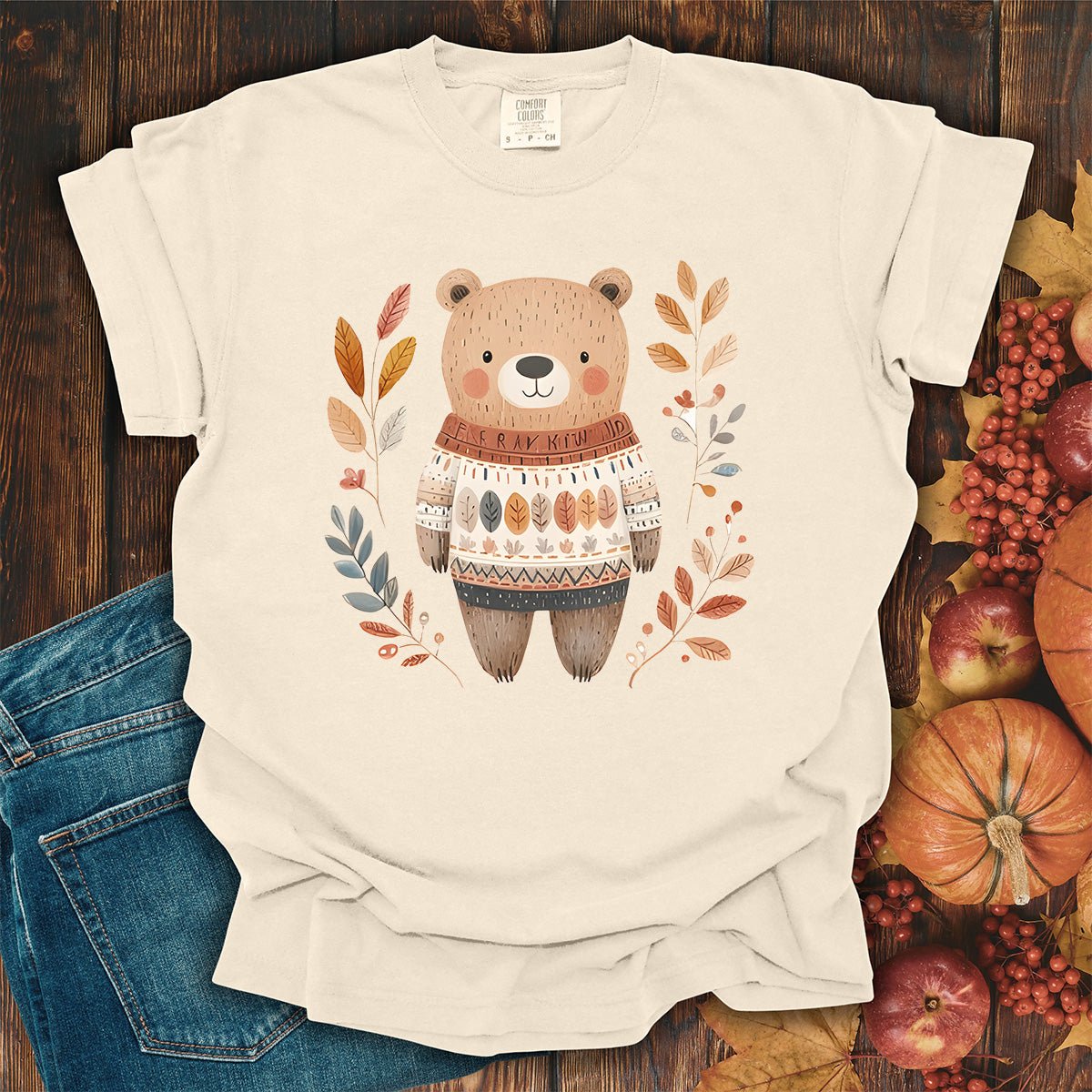 Autumn Bear in Sweater with Foliage T-Shirt