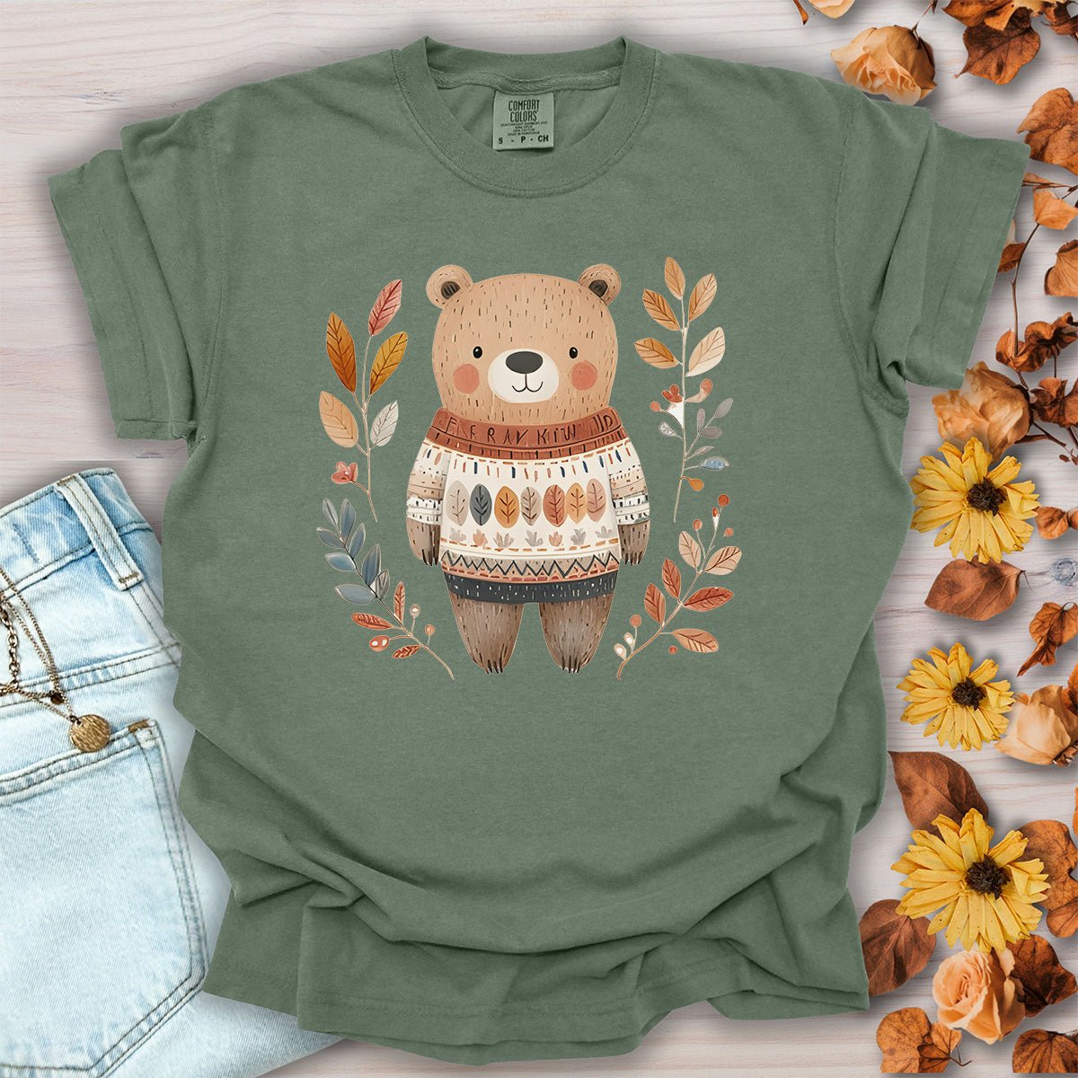 Autumn Bear in Sweater with Foliage T-Shirt