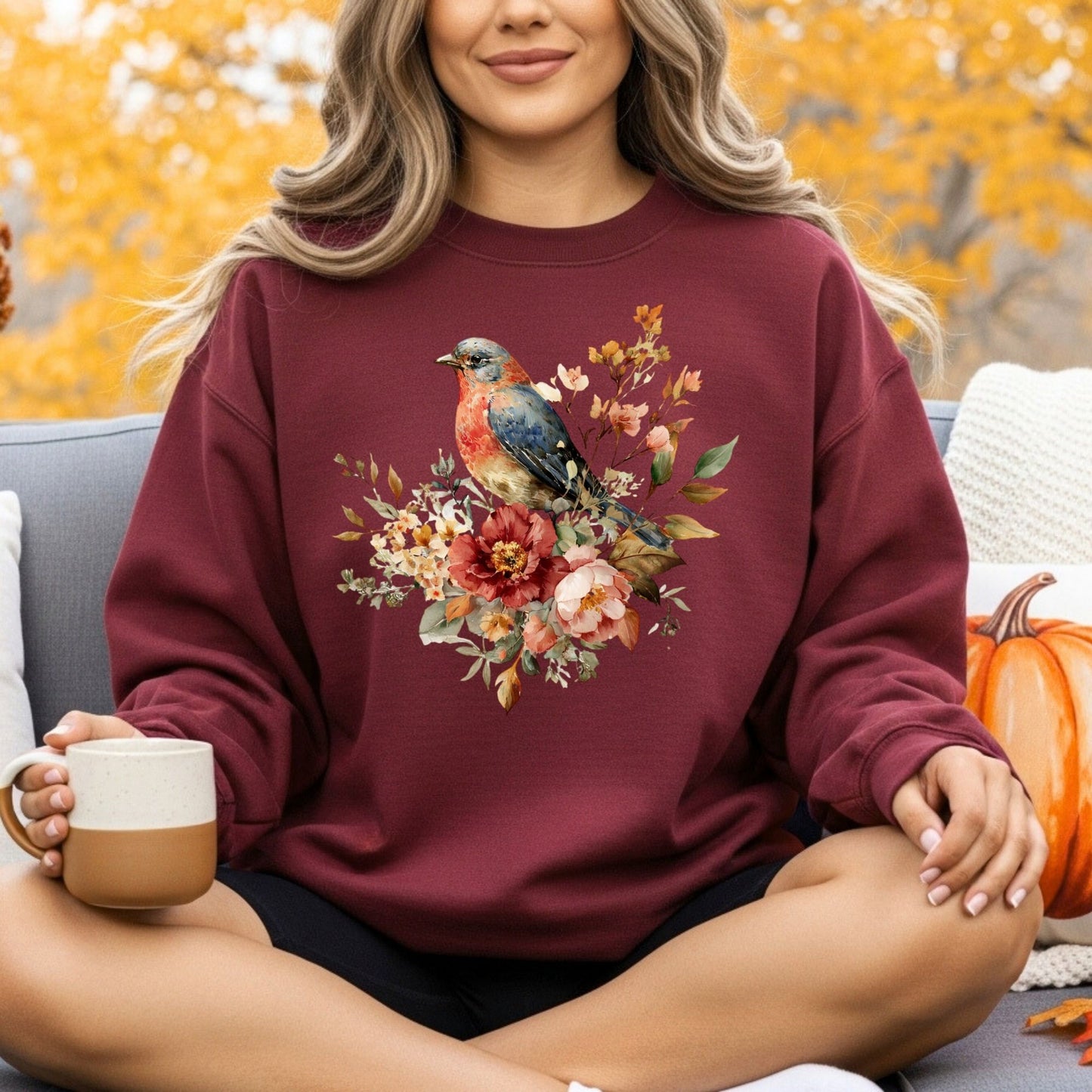 Autumn Blue Bird with Roses Sweatshirt