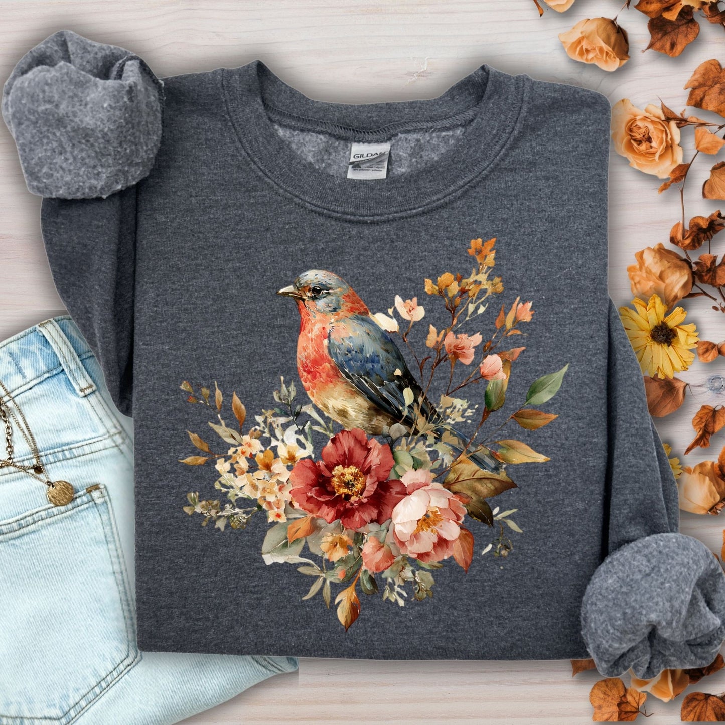 Autumn Blue Bird with Roses Sweatshirt