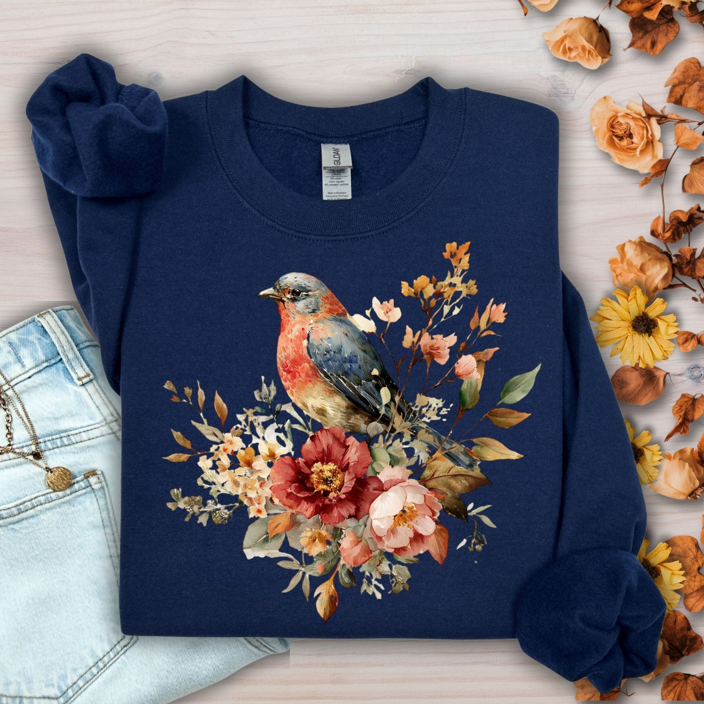 Autumn Blue Bird with Roses Sweatshirt
