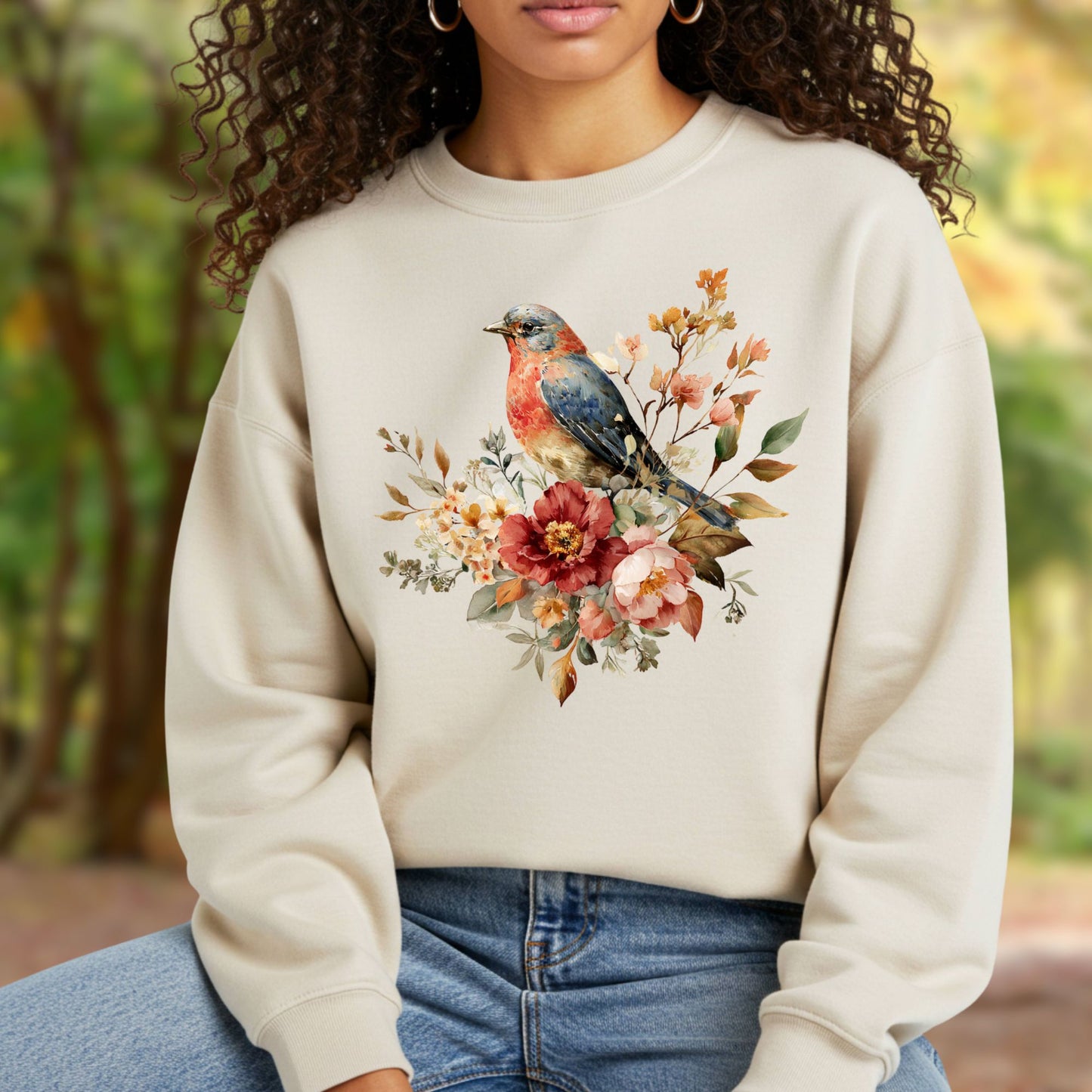 Autumn Blue Bird with Roses Sweatshirt