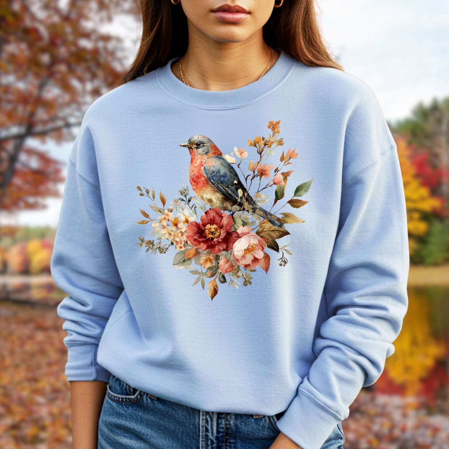 Autumn Blue Bird with Roses Sweatshirt