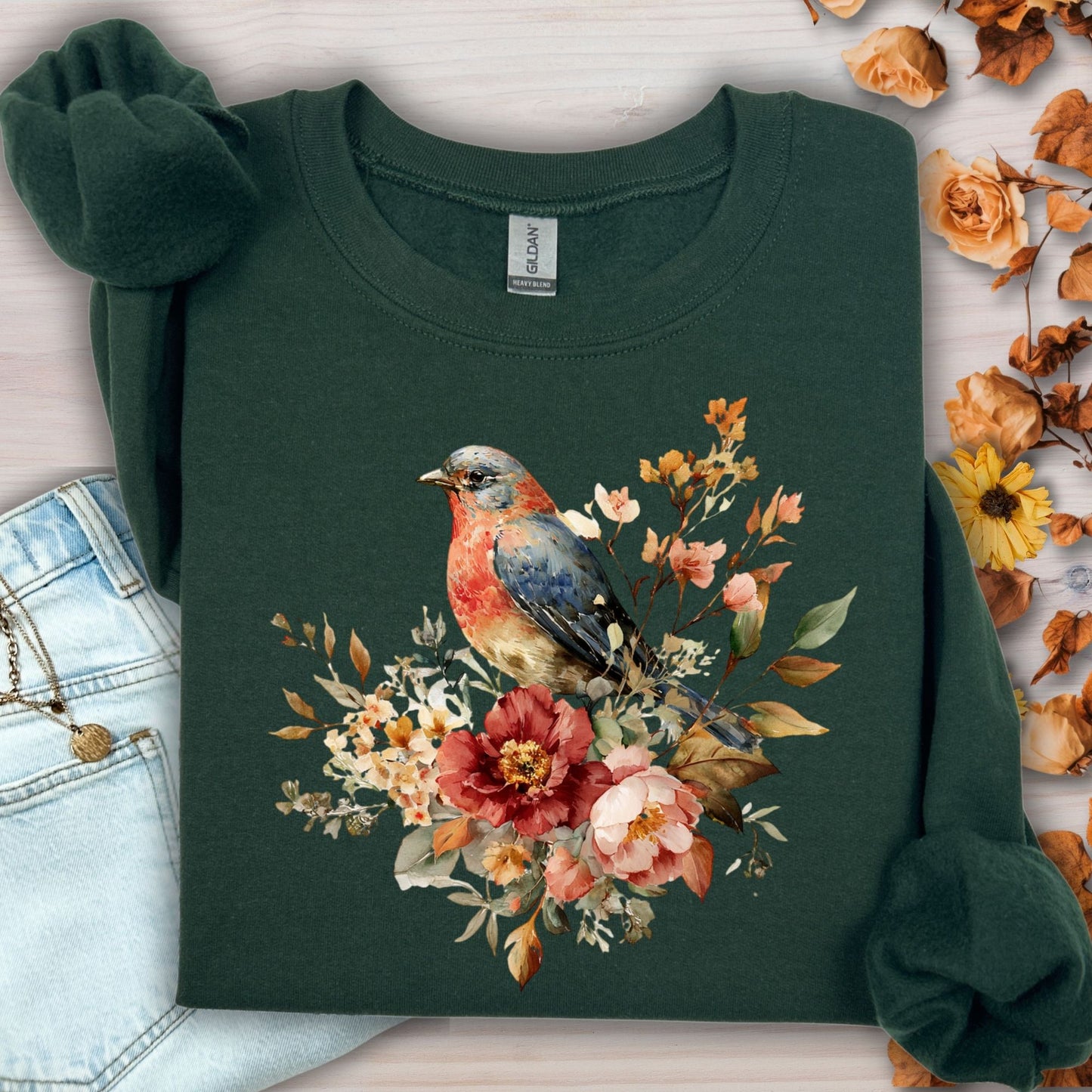 Autumn Blue Bird with Roses Sweatshirt