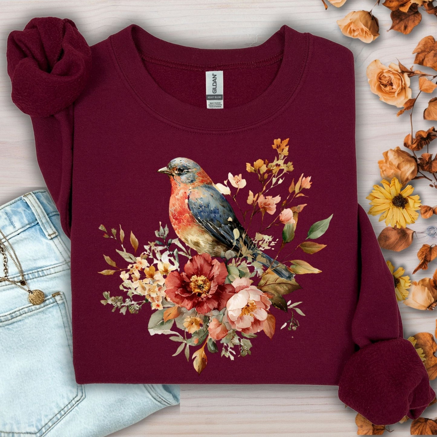 Autumn Blue Bird with Roses Sweatshirt