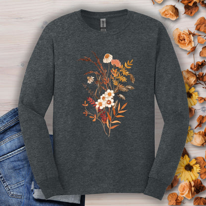 Dark heather long sleeve tee with watercolor autumn wildflowers and botanicals.