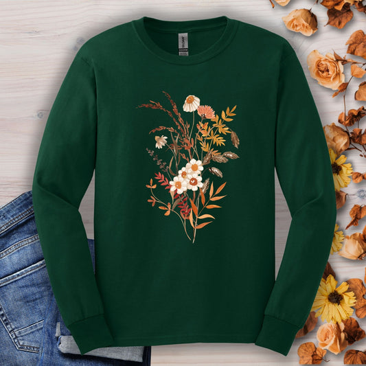 Forest Green Gildan 2400 long sleeve tee with watercolor autumn wildflowers and botanicals.
