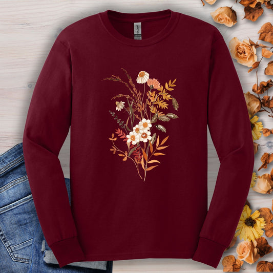 Maroon Gildan 2400 long sleeve tee with watercolor autumn wildflowers and botanicals.
