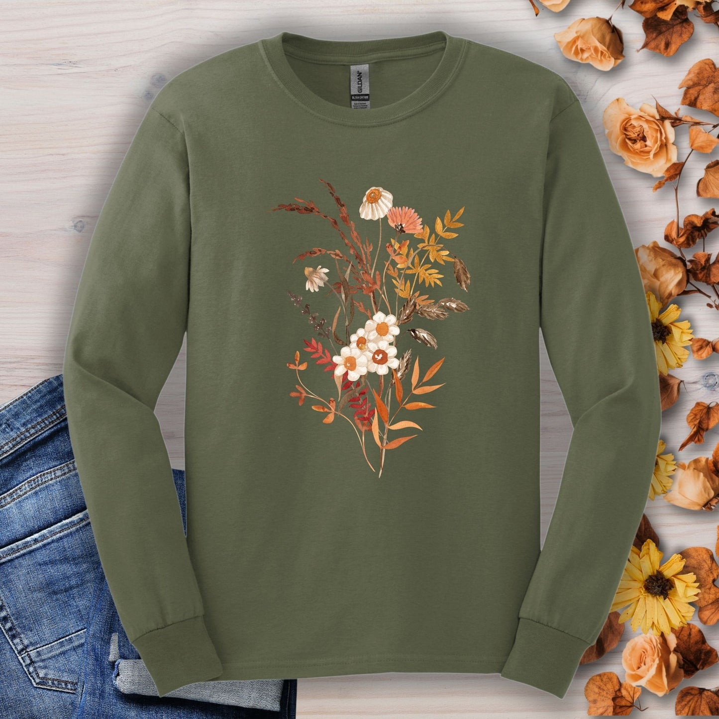 Military Green Gildan 2400 long sleeve tee with watercolor autumn wildflowers and botanicals.