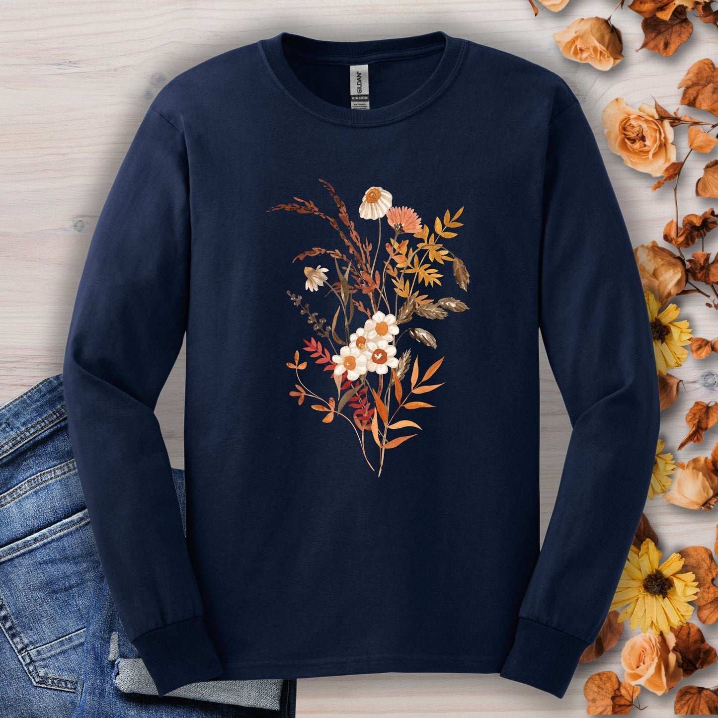 Navy Gildan long sleeve tee with watercolor autumn wildflowers and botanicals.