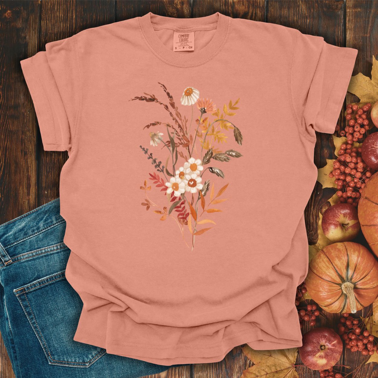 Terracotta Autumn Botanical T-Shirt, relaxed-fit, with a warm, nature-inspired bouquet print.