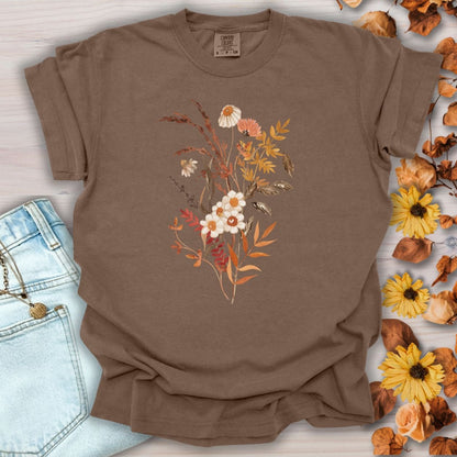 Espresso brown garment-dyed t-shirt with a warm, nature-inspired botanical bouquet print.