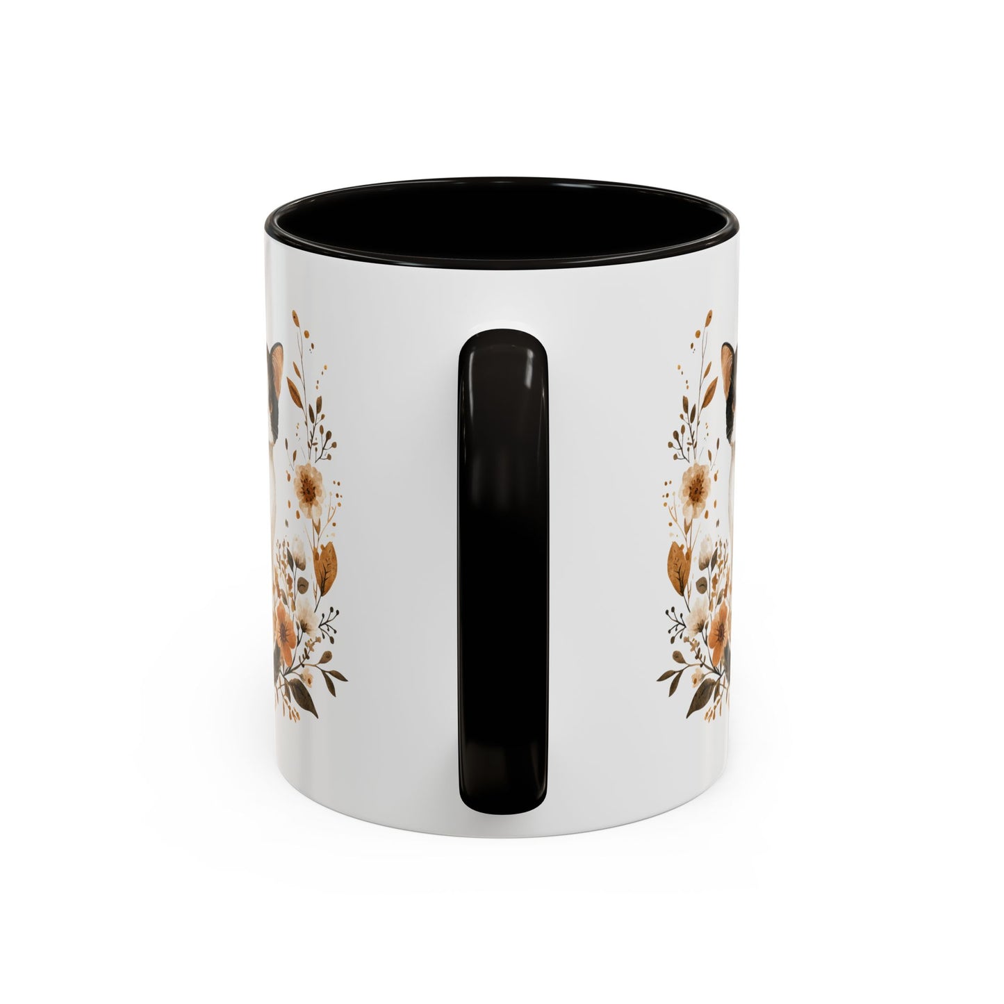 White ceramic mug with black handle and interior, featuring autumnal floral design.