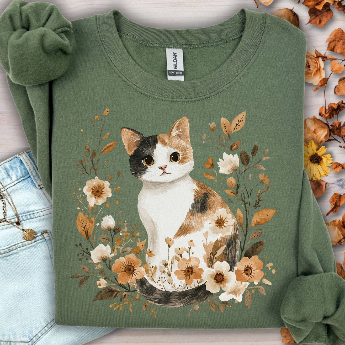 Autumn Calico Cat & Wildflowers Sweatshirt